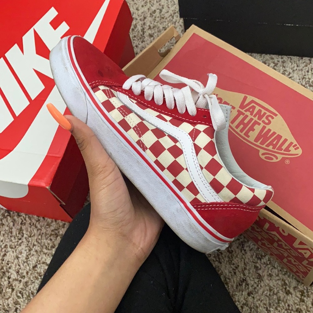 Red checkerboard Vans